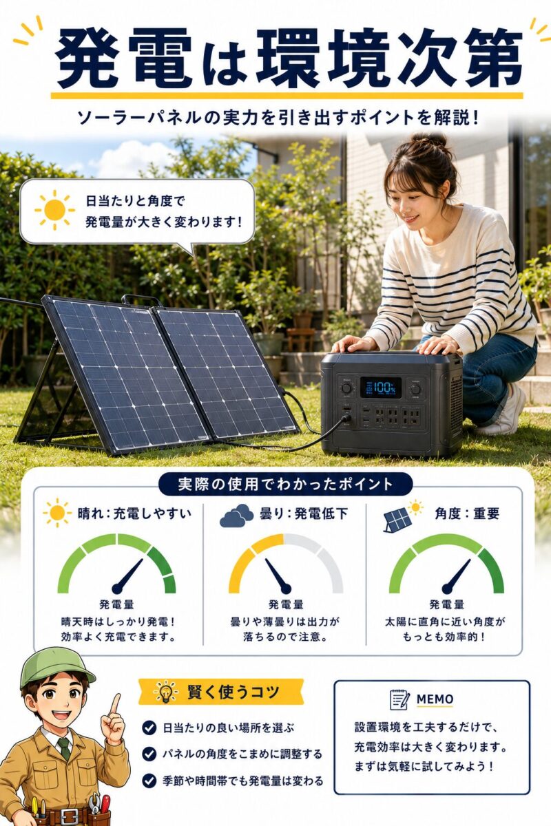 ソーラーパネル充電は日照や角度で発電量が変わることを説明した画像