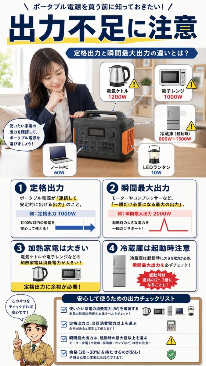 ポータブル電源の定格出力と瞬間最大出力の違いを説明する画像