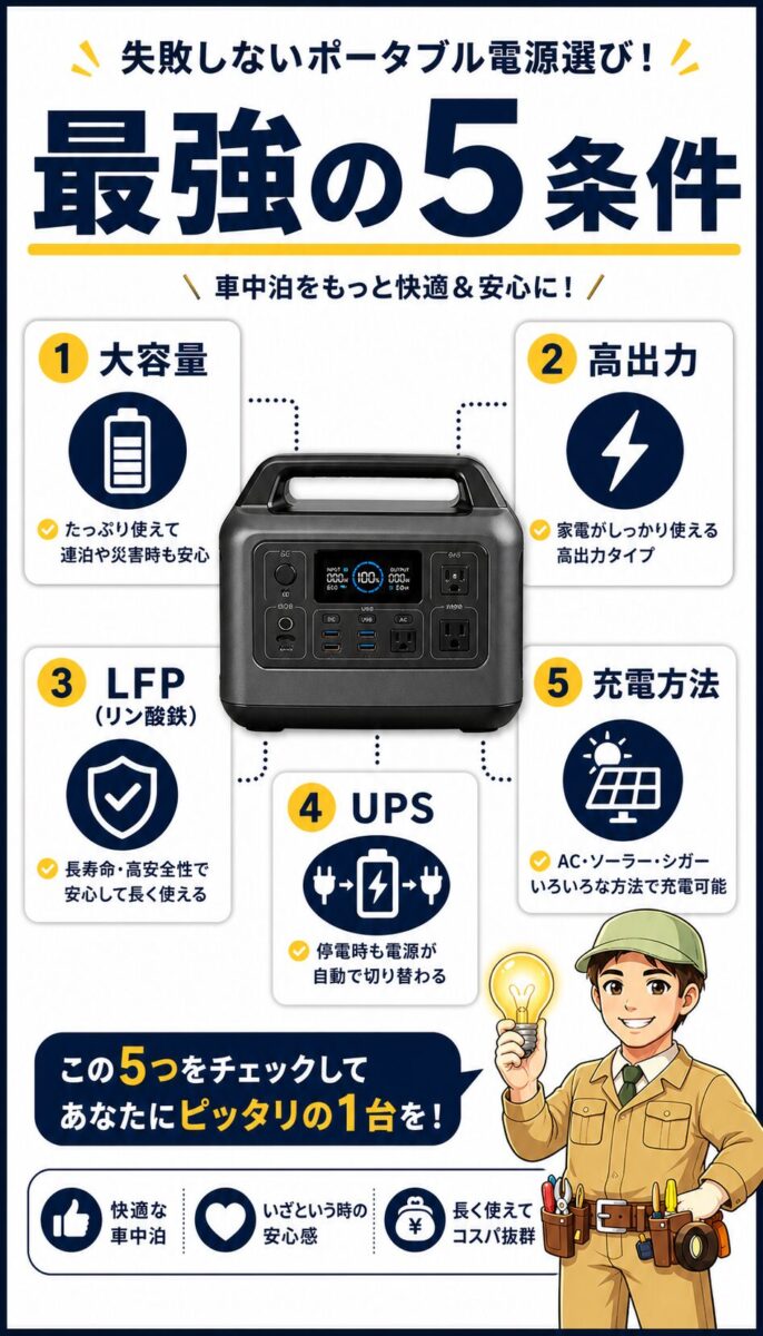 車中泊向けポータブル電源の重要な5つの特徴をまとめた図解画像