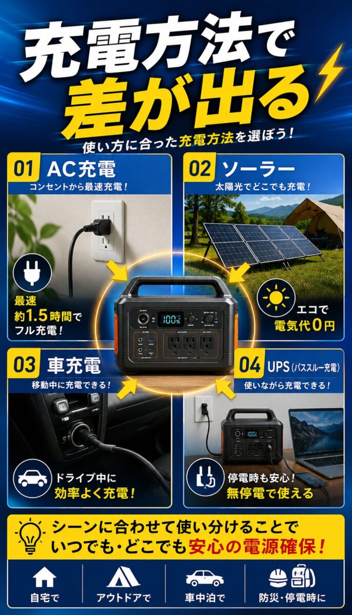 ポータブル電源のAC充電、ソーラー充電、車充電、UPS機能など充電方法を整理した図解