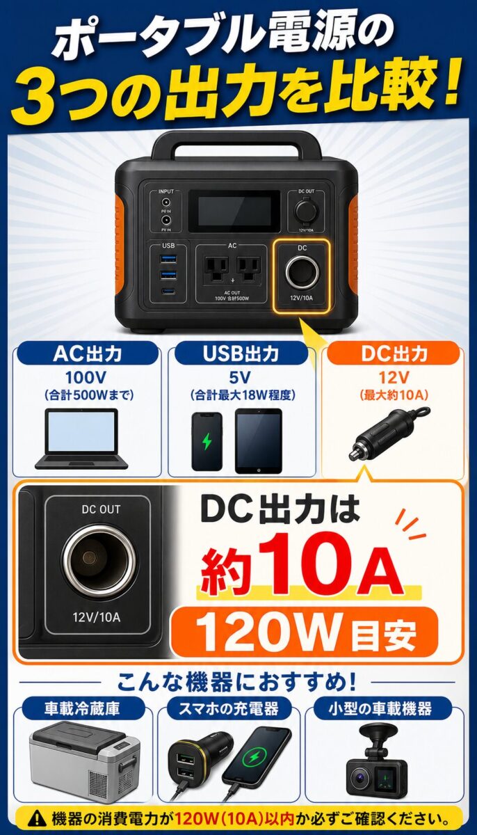 ポータブル電源のシガーソケット出力が約10A・120W目安であることを示す図解画像