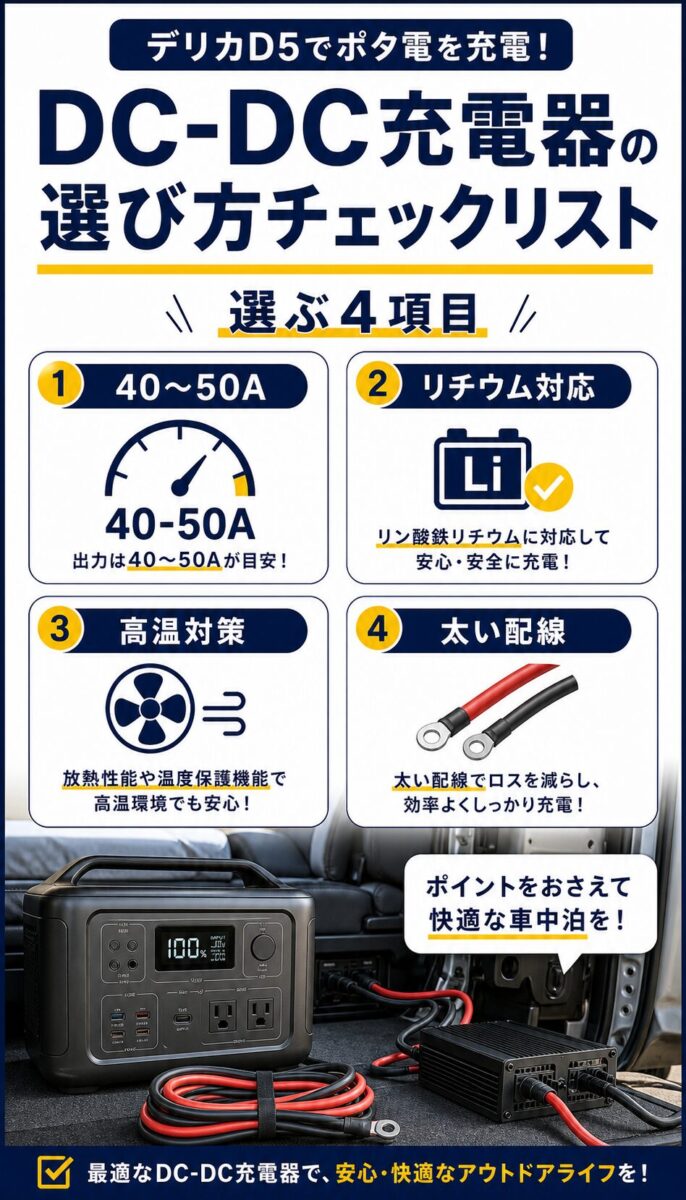 走行充電器を選ぶ4つのポイントをまとめた画像