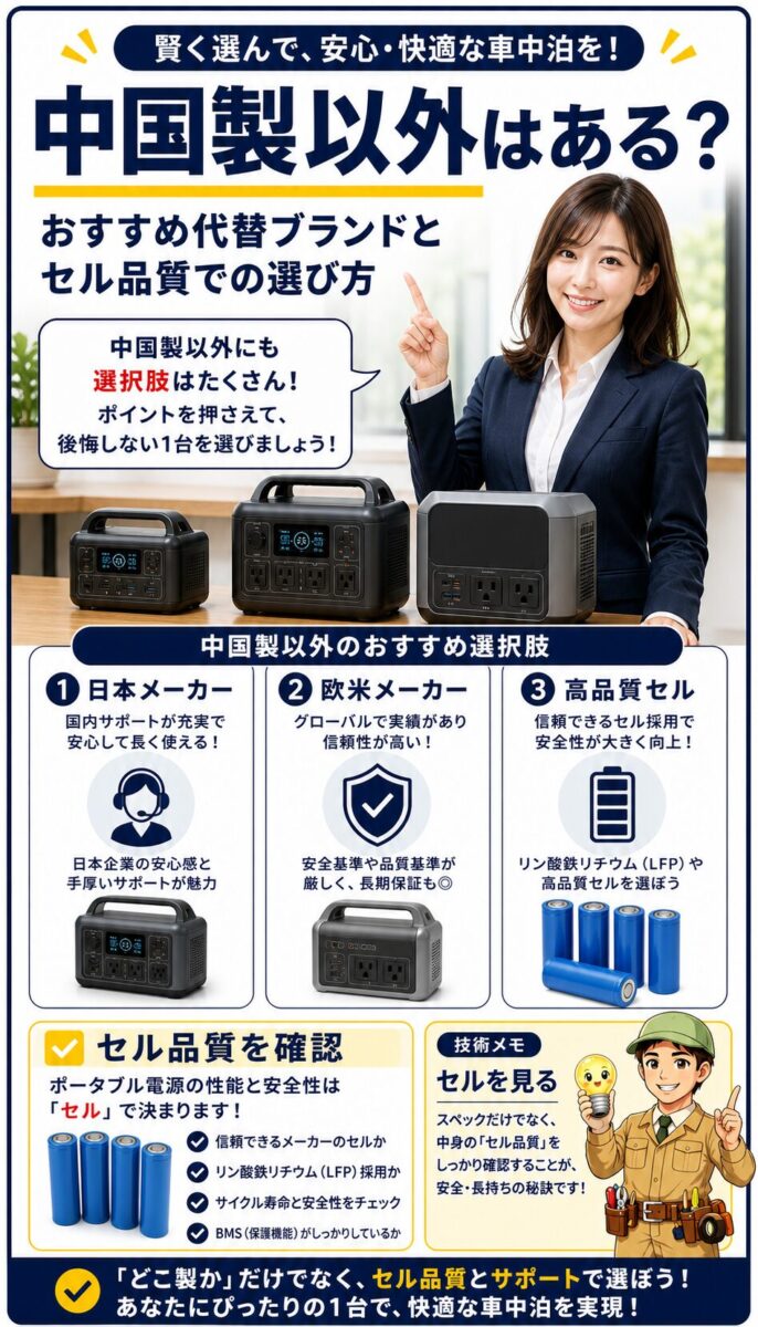 中国製以外の選択肢と電池セル品質の確認ポイントを説明した画像
