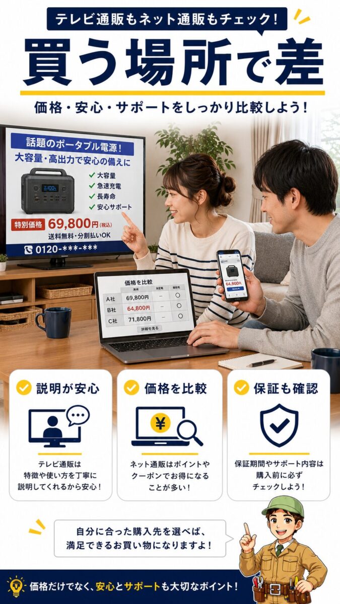 テレビ通販とネット通販でポータブル電源の購入条件を比較する様子を説明した画像