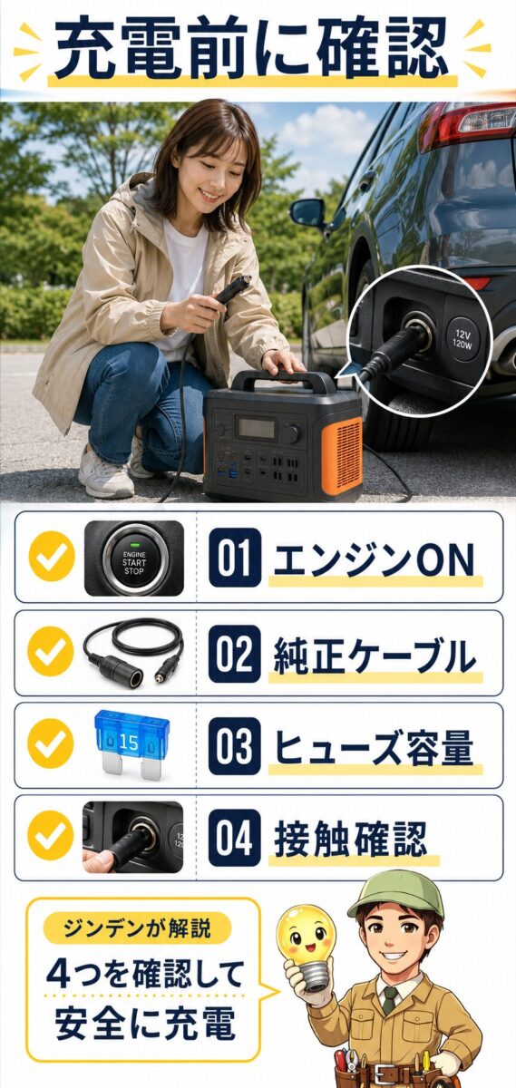 シガーソケット充電前に確認する注意点をまとめた画像