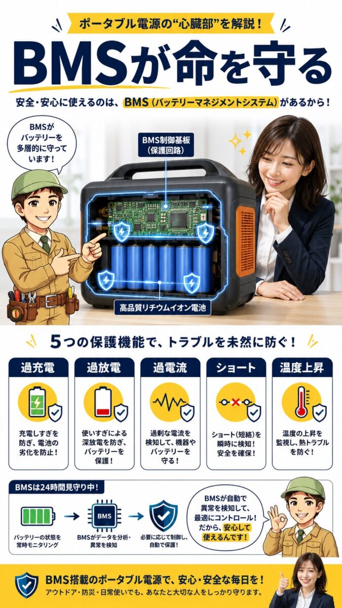 ポータブル電源のBMSが過充電や過電流から守る仕組みを示す画像