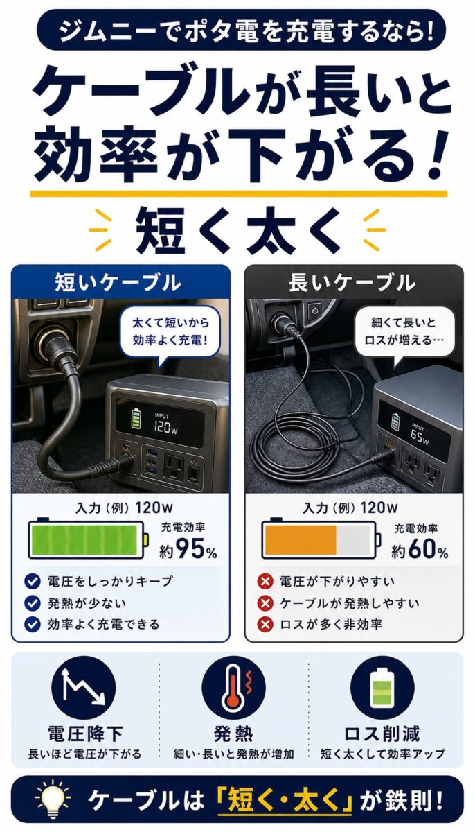 短いケーブルと長いケーブルの充電効率を比較した画像
