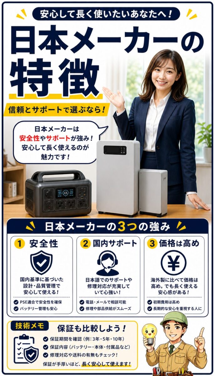 日本メーカーのポータブル電源の特徴をまとめた画像