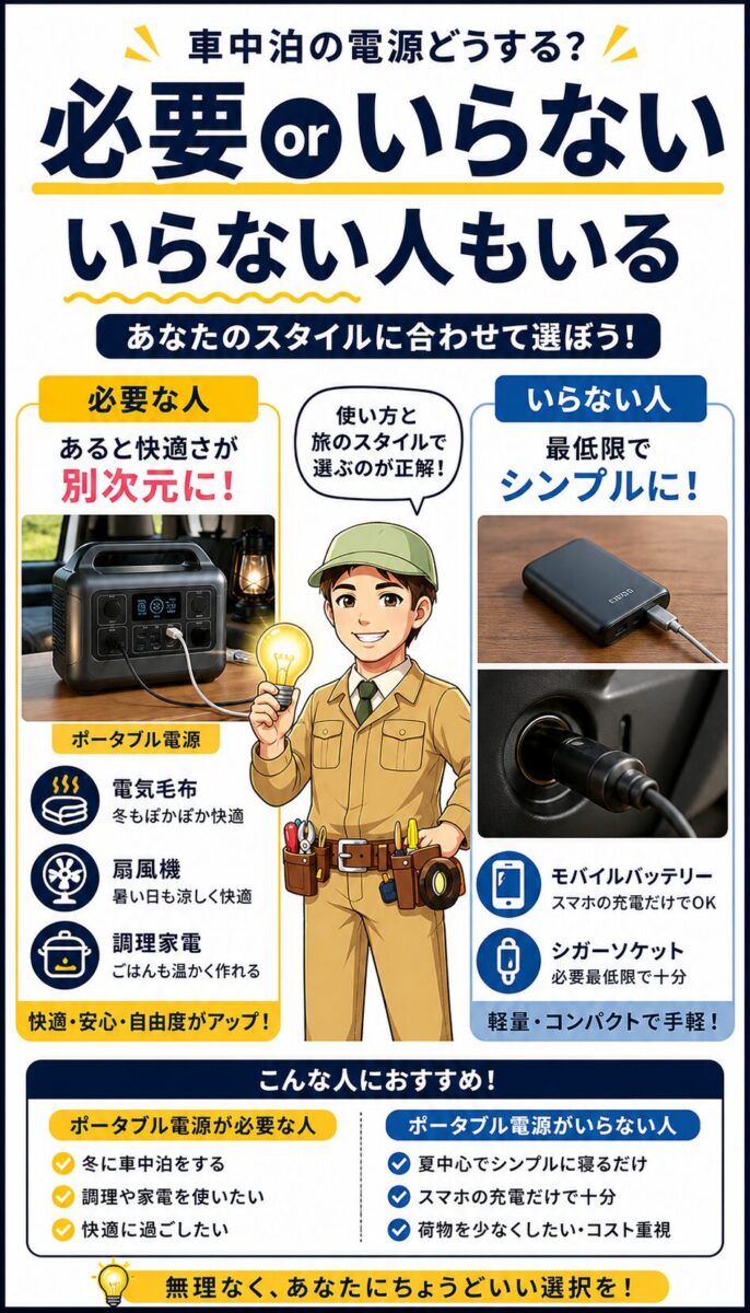 車中泊でポータブル電源が必要な人と不要な人の違いを説明した画像