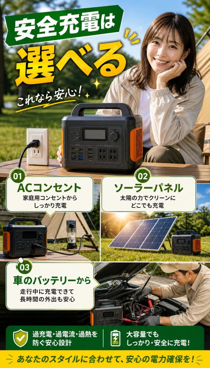 外出先でポータブル電源を安全に充電する複数の方法を示した画像