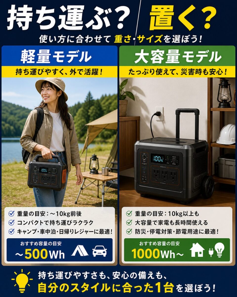 ポータブル電源を持ち運び用と防災用の据え置きで比較する選び方の図解