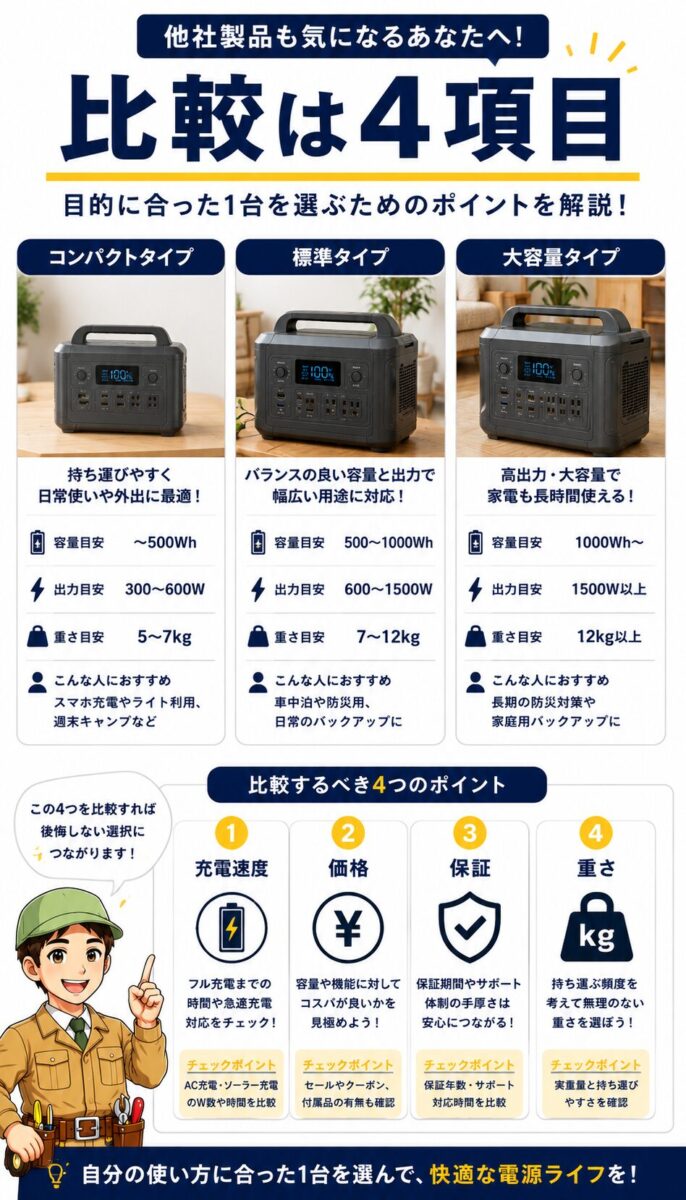 ポータブル電源の最新モデルを容量別に選ぶ考え方を説明した画像