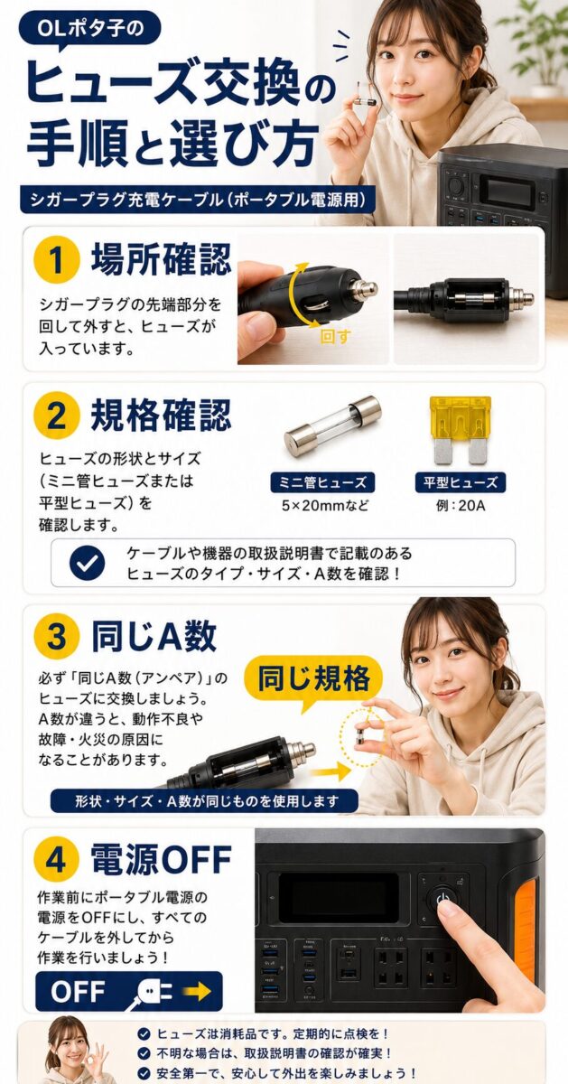 ポータブル電源のヒューズ交換手順と選び方を説明した縦長画像