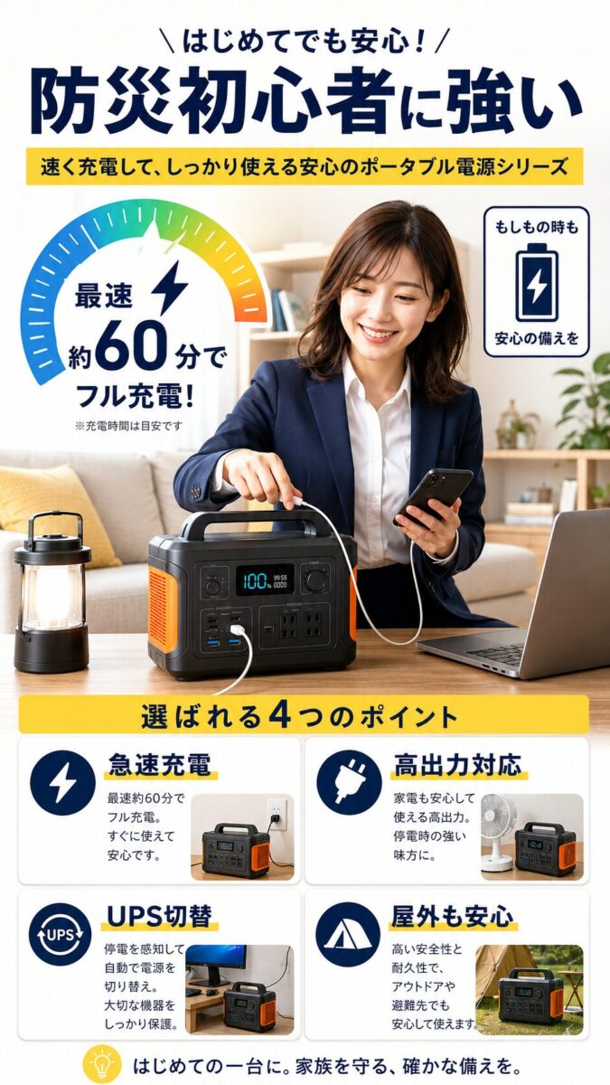 急速充電とUPS機能に強い防災向けポータブル電源を説明する画像
