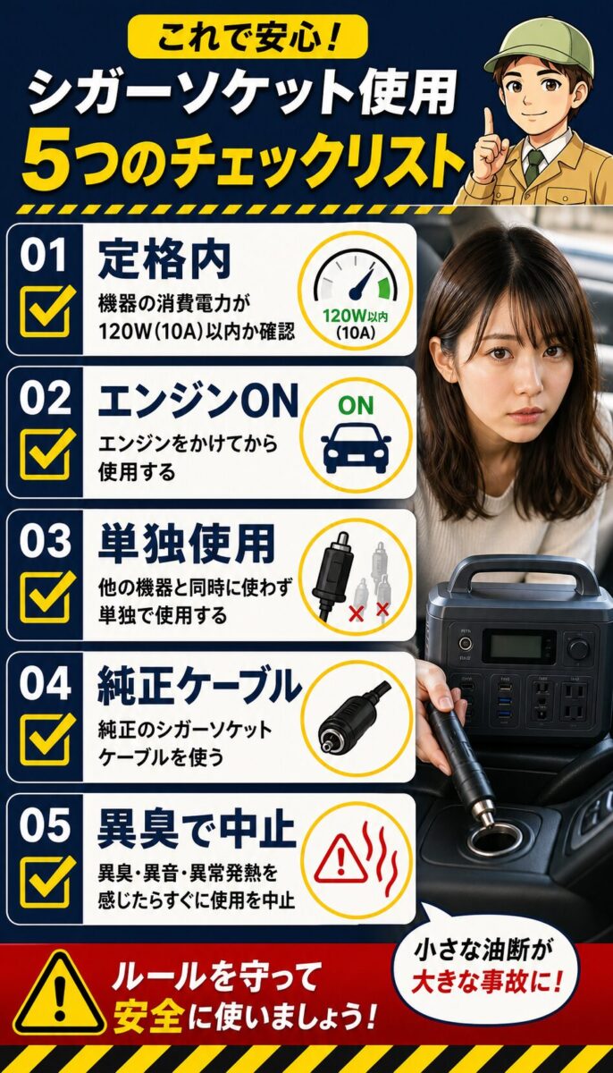 ヒューズ交換時に原因確認と同じ容量の使用が重要であることを示す画像 シガーソケット充電で守るべき5つの注意点をまとめたチェックリスト画像