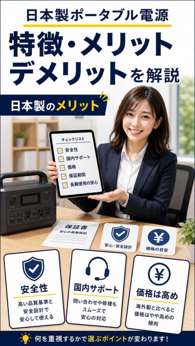 日本製ポータブル電源のメリットとデメリットを説明した画像