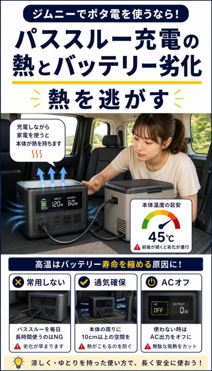 ポタ子がパススルー充電中の発熱対策を行う画像