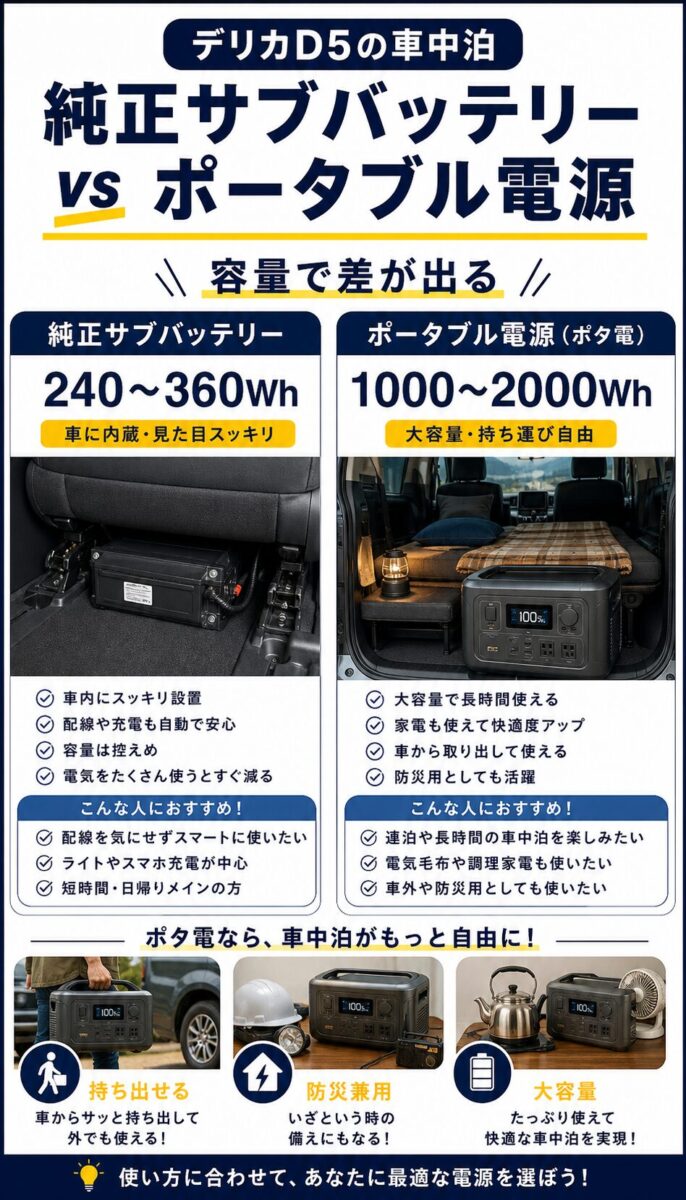 純正サブバッテリーとポータブル電源の容量差を比較した画像
