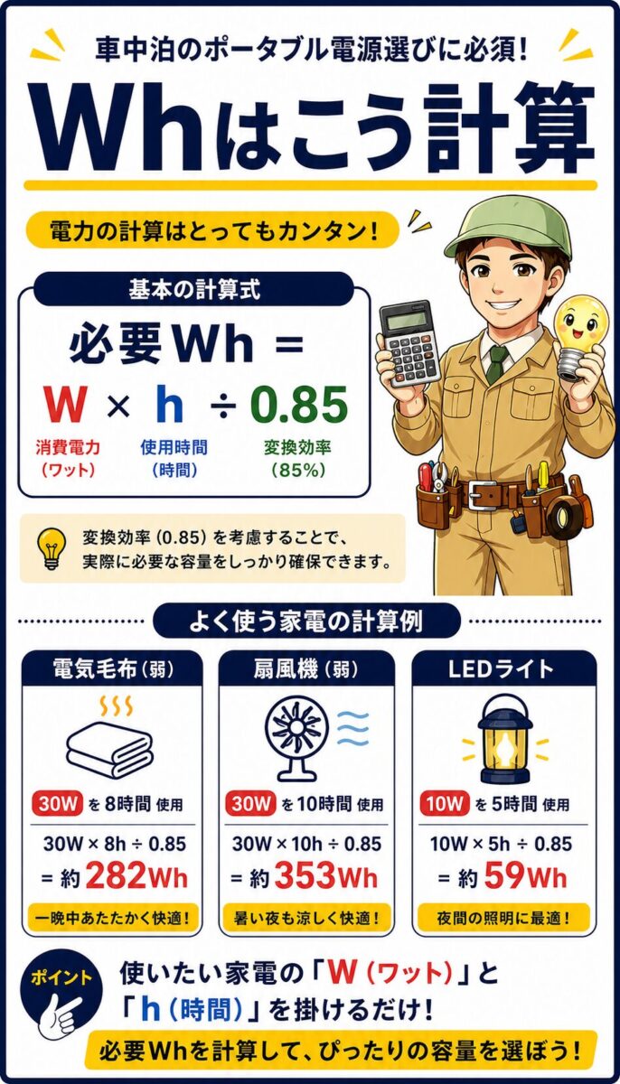 車中泊に必要なWh容量の計算方法をわかりやすく示した画像