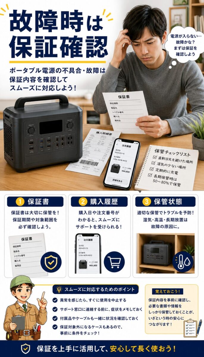 ポータブル電源の故障時に保証書や購入履歴を確認する重要性を説明した画像