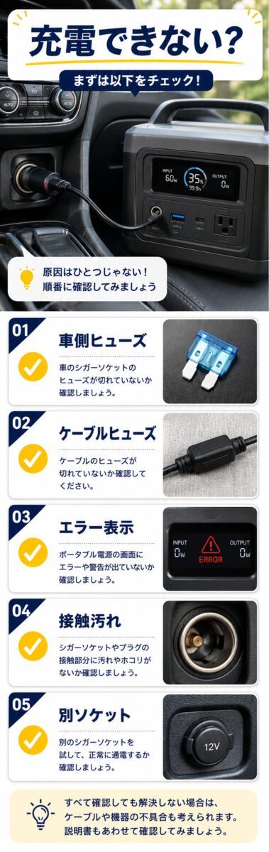 シガーソケット充電できない時に確認するポイントをまとめた画像
