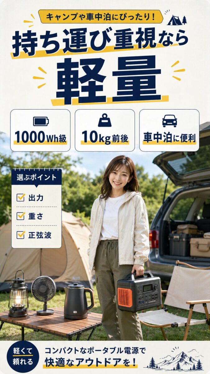 軽量で持ち運びやすいアウトドア向けポータブル電源を説明する画像