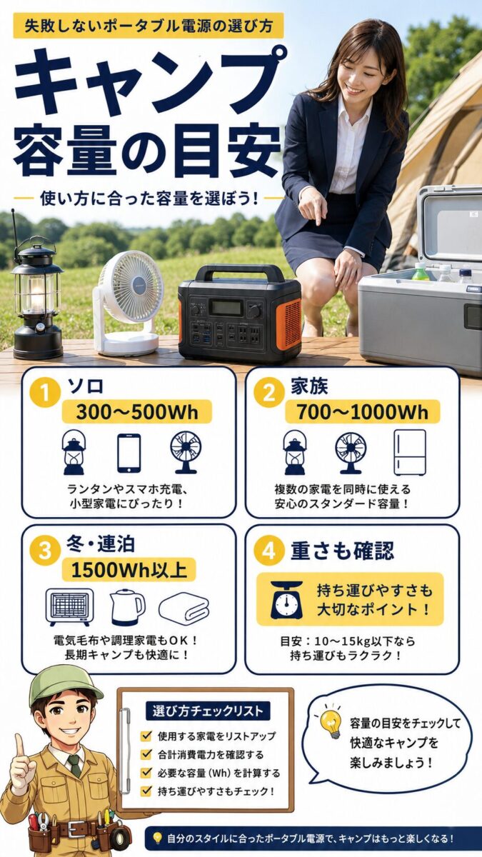 キャンプ用途で必要なポータブル電源容量をソロ・家族・冬キャンプ別に示した画像