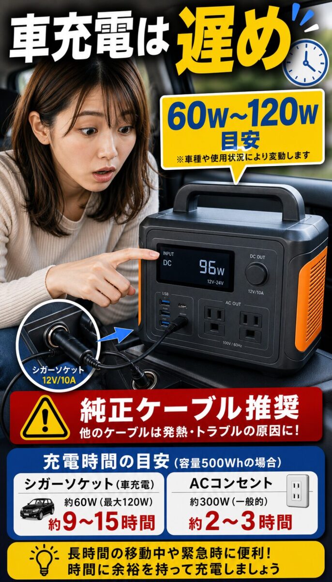 車でポータブル電源を充電する際の入力電力と純正ケーブルの重要性を示した画像