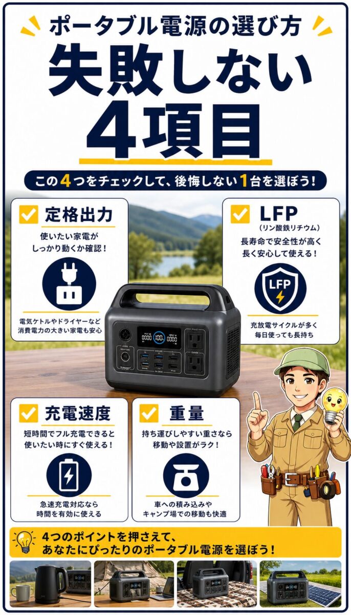 車中泊向けポータブル電源を選ぶときの重要ポイントをまとめた画像