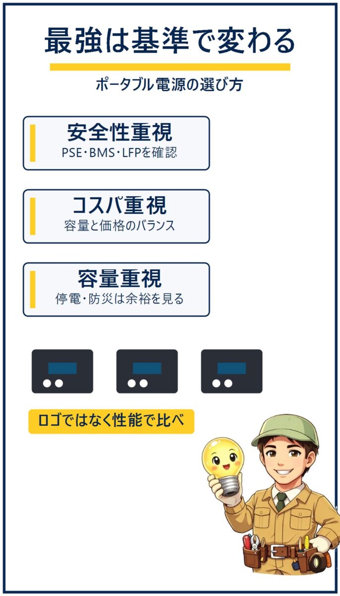 最強のポータブル電源は重視する基準で変わることを示した画像