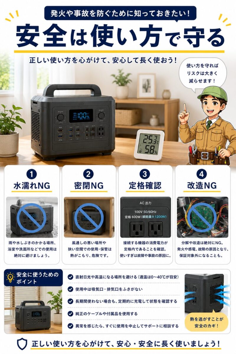 ポータブル電源の発火リスクを避ける安全な使い方を説明した画像