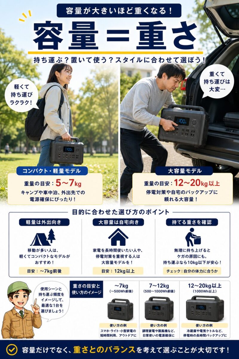 ポータブル電源は容量が大きいほど重くなることを説明した画像