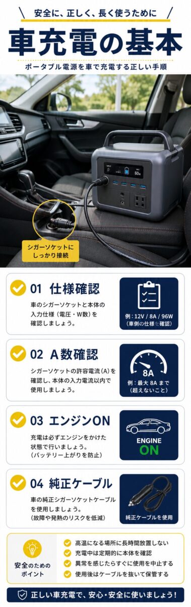 アンカー系ポータブル電源を車で充電する時の確認ポイントを説明した画像