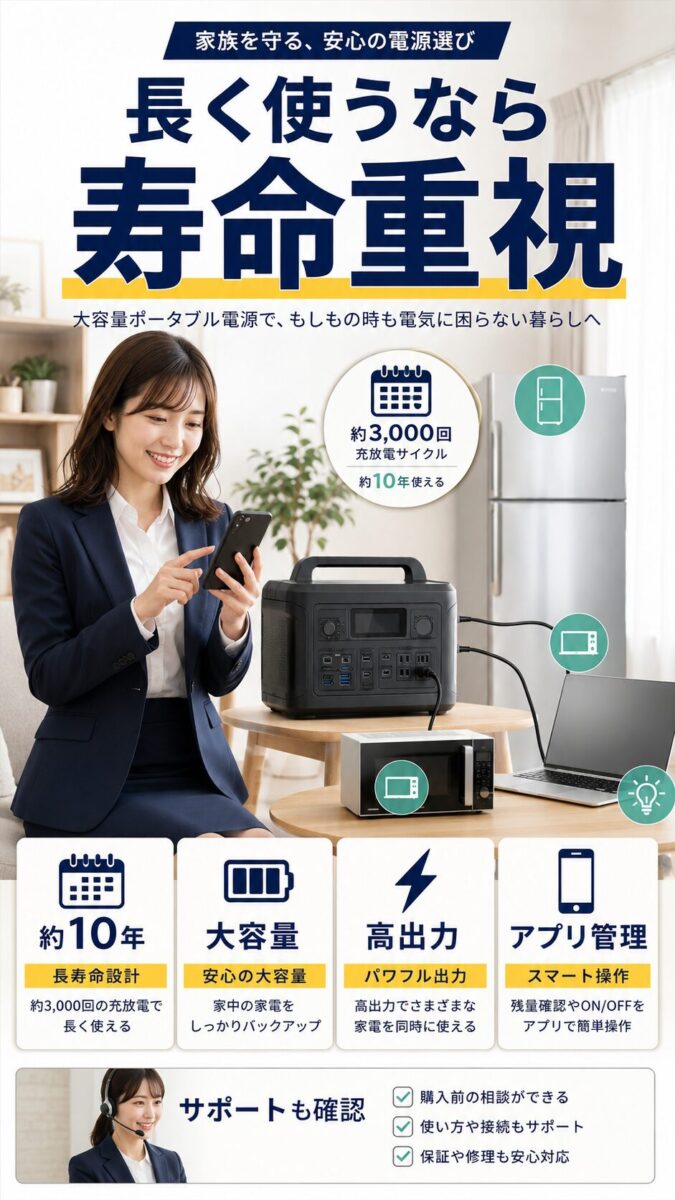 長寿命と大容量を重視した家庭用ポータブル電源を説明する画像