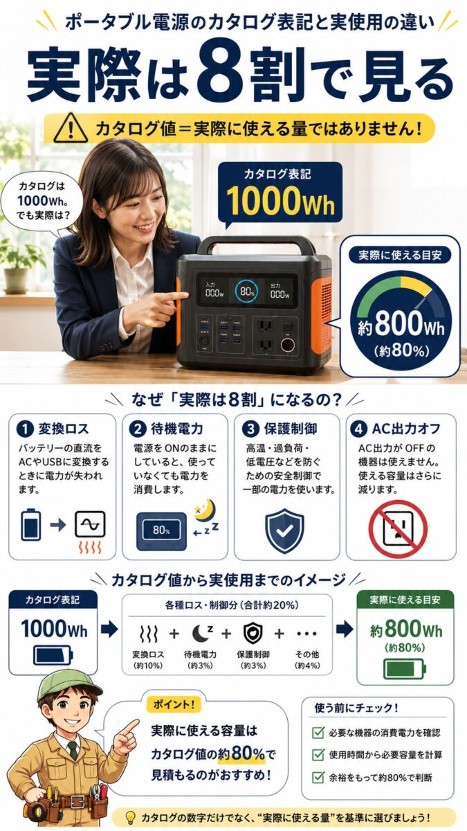 ポータブル電源のカタログWhと実効容量の差を説明した画像