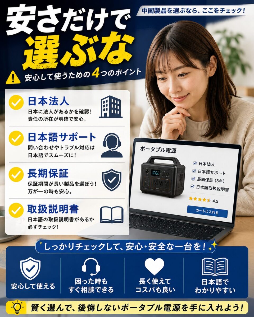 中国製ポータブル電源を選ぶ際に日本法人、日本語サポート、長期保証を確認する図解