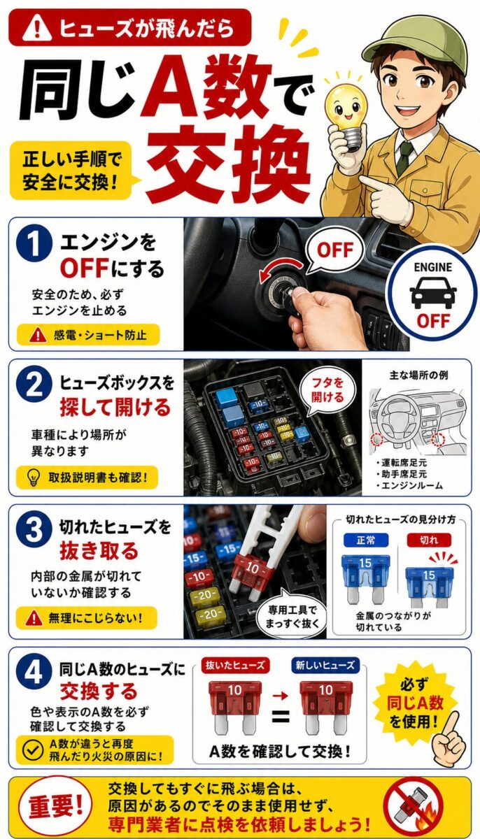 車のシガーソケット用ヒューズを同じアンペア数で交換する手順を説明した画像