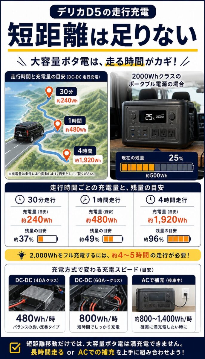 短距離移動では大容量ポータブル電源が満充電しにくいことを示す画像