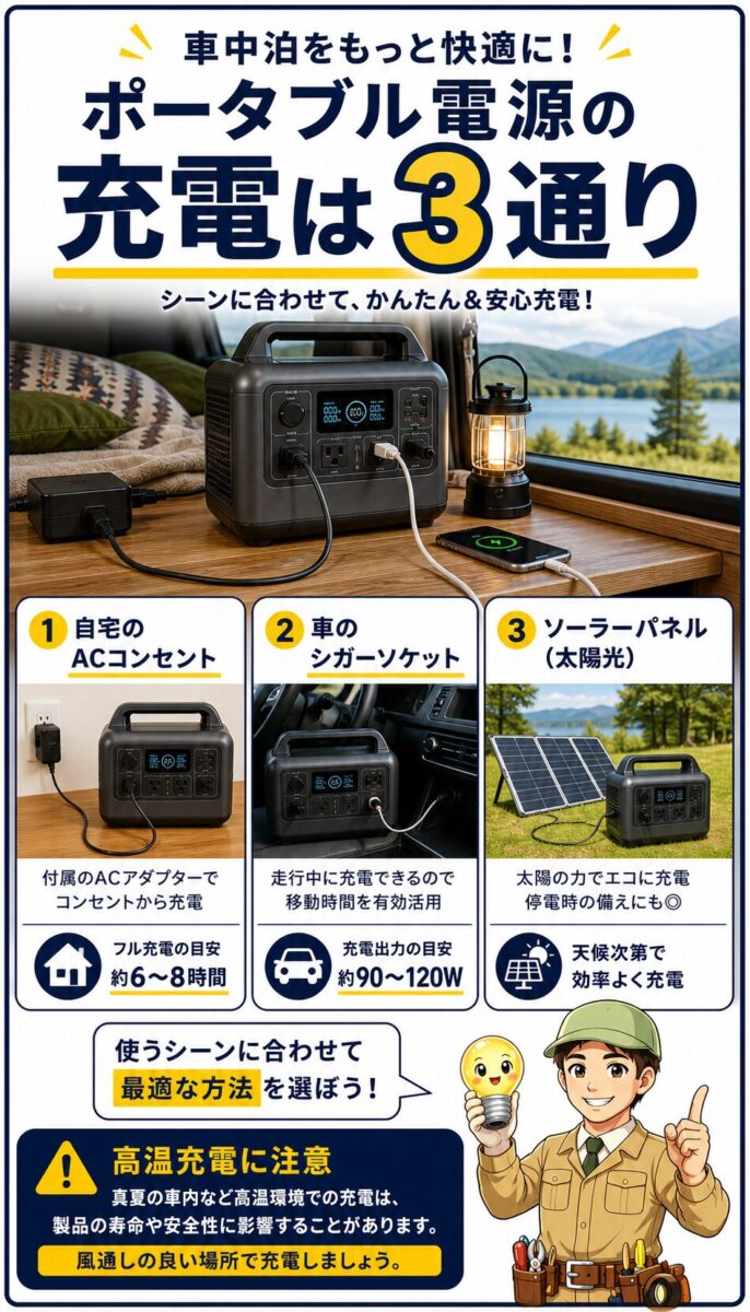 車中泊で使うポータブル電源の主な充電方法と注意点を説明した画像