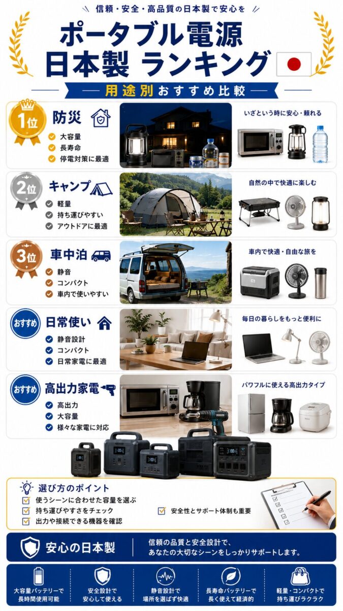 用途別にポータブル電源をランキング形式で比較した画像