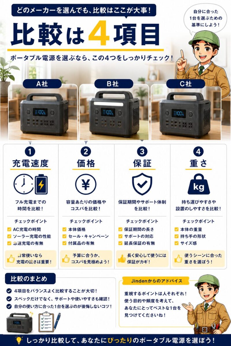 ポータブル電源を他社比較するときの充電速度や保証などの判断項目を説明した画像