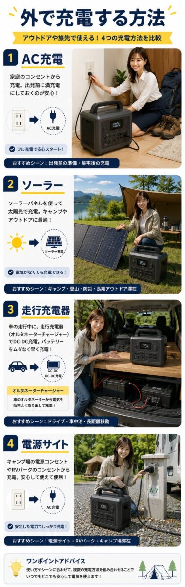 ポータブル電源を外で充電する代替手段を比較した画像
