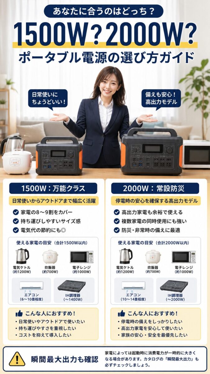 1500Wと2000Wクラスのポータブル電源の選び方を比較する画像