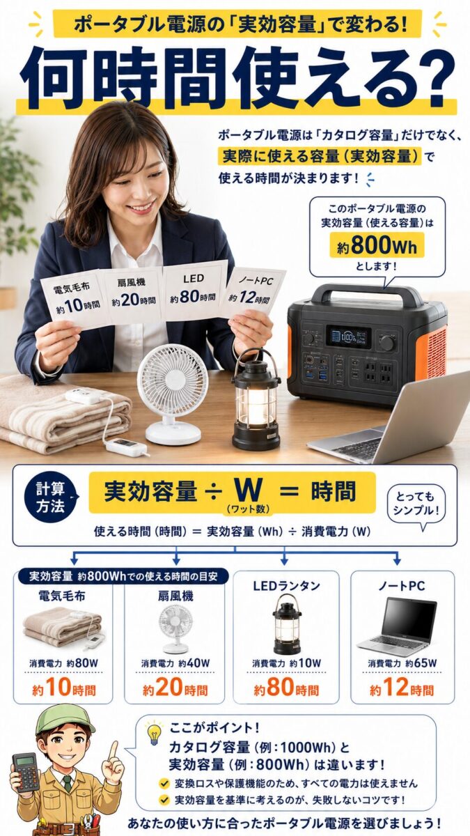 ポータブル電源の実効容量から家電の使用時間を計算する画像