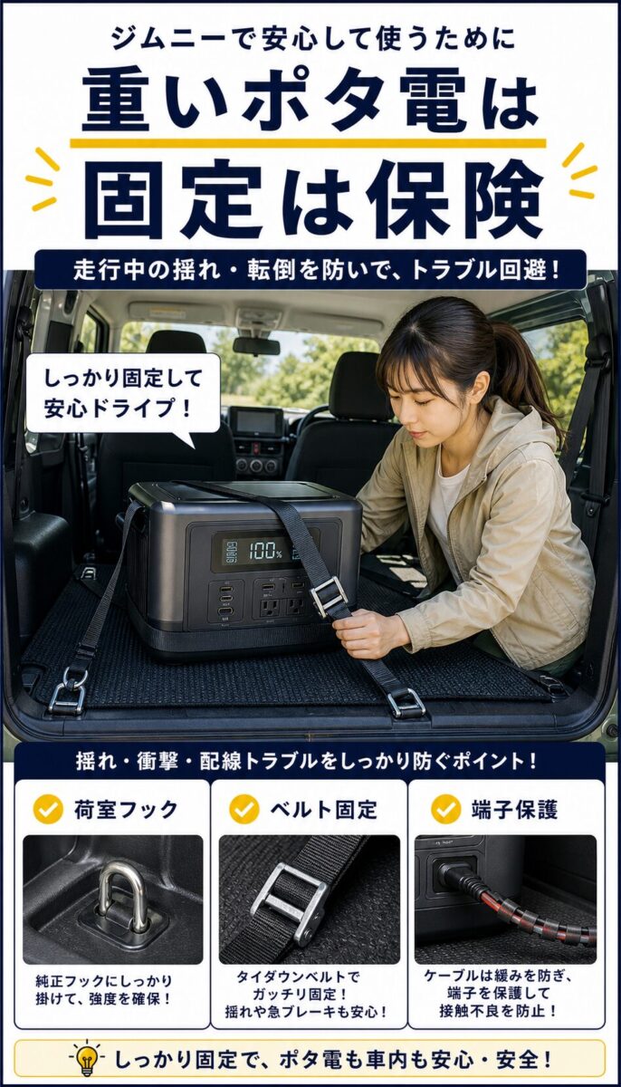 ポタ子がジムニー荷室でポータブル電源を固定する画像