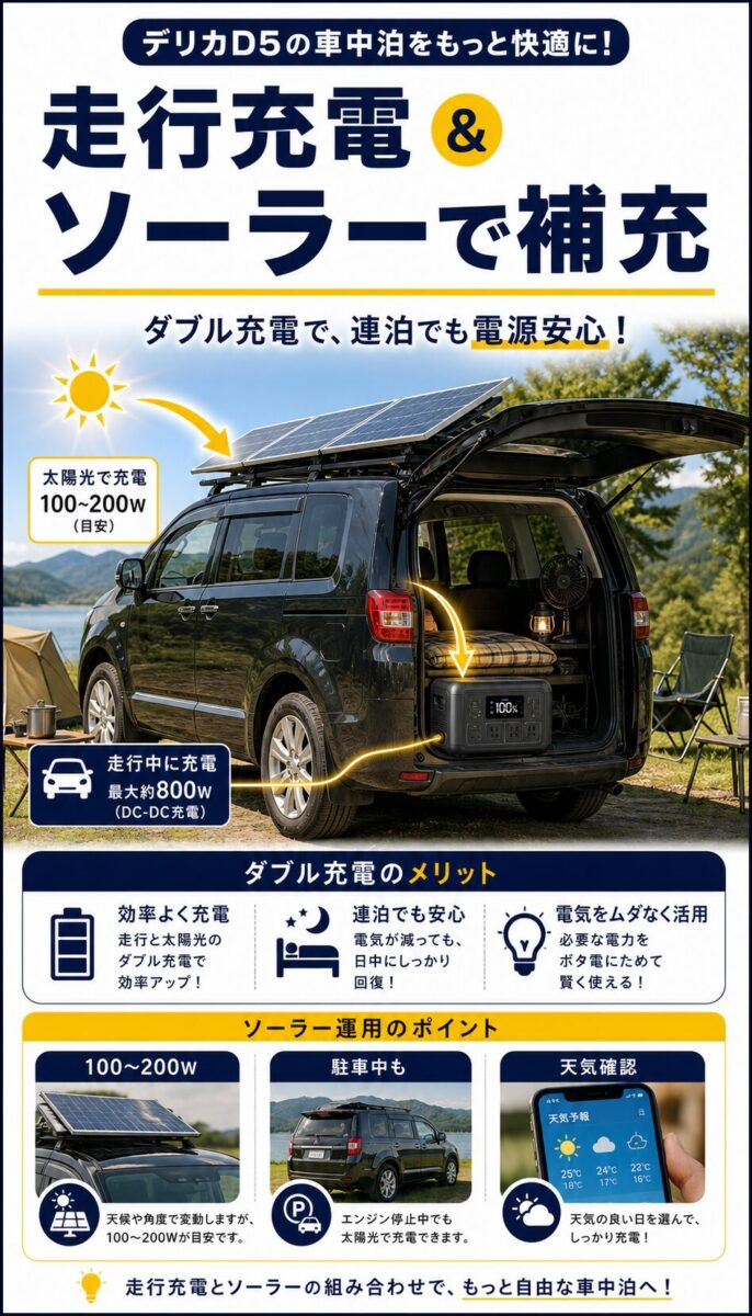 デリカD5のルーフソーラーと走行充電を併用する画像