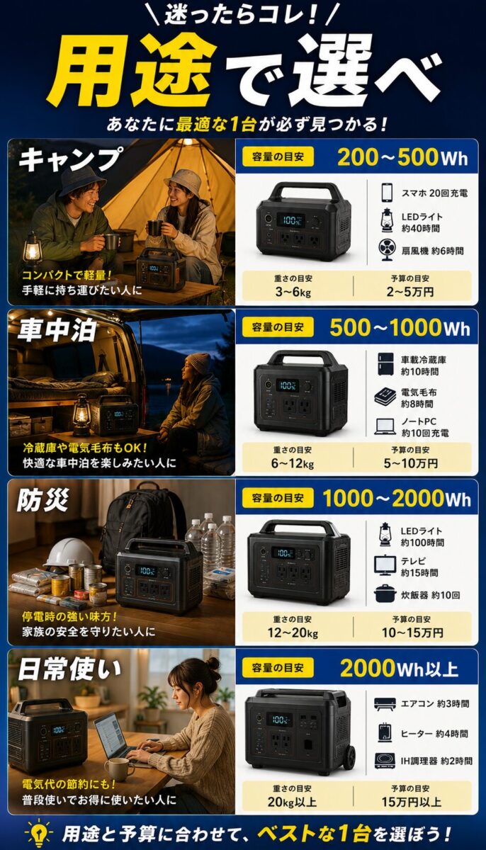 キャンプ、車中泊、防災、日常使いの用途別にポータブル電源の選び方を整理した図解