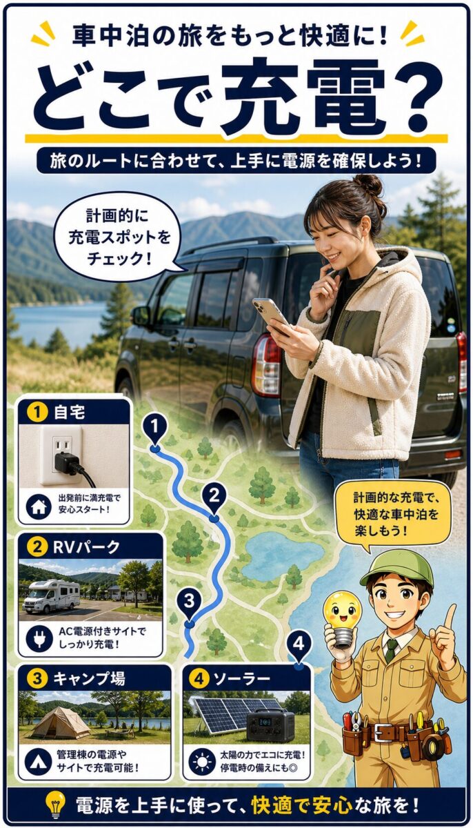 車中泊中にポータブル電源を充電できる場所を探すイメージ画像