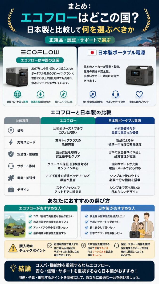エコフローと日本製ポータブル電源の選び方をまとめた画像