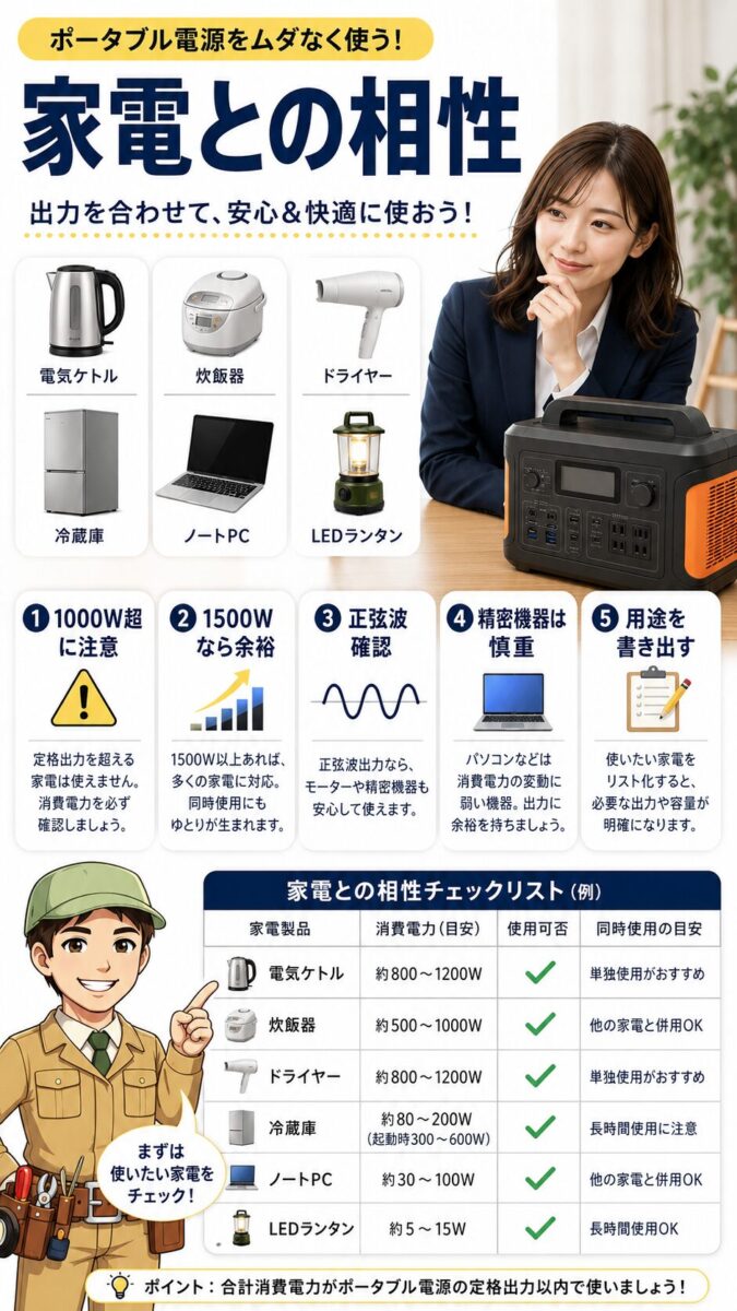 ポータブル電源の出力と家電の相性を確認するための画像